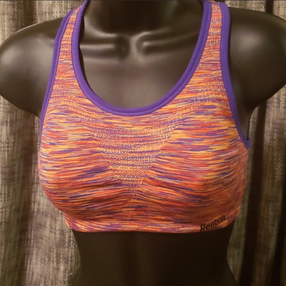 Reebok Racerback Sports Bra Size M Striped Orange Purple Unpadded